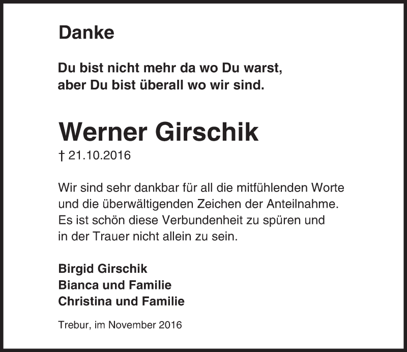  Traueranzeige für Werner Girschik vom 26.11.2016 aus Trauerportal Echo Online