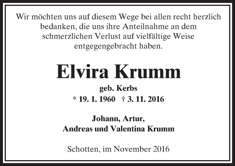  Traueranzeige für Elvira Krumm vom 26.11.2016 aus  Kreisanzeiger