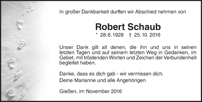 Traueranzeige für Robert Schaub vom 19.11.2016 aus  Gießener Anzeiger