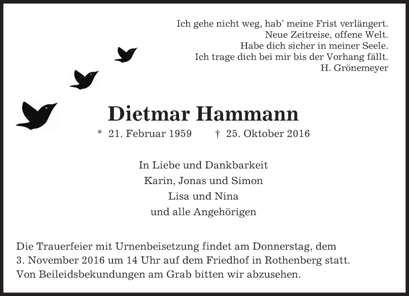  Traueranzeige für Dietmar Hammann vom 01.11.2016 aus Trauerportal Echo Online