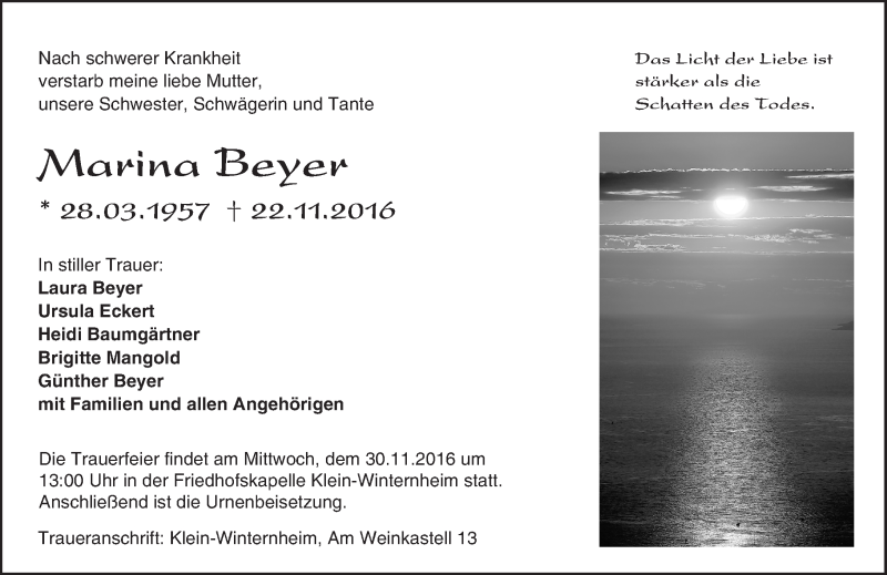  Traueranzeige für Marina Beyer vom 26.11.2016 aus Trauerportal Rhein Main Presse