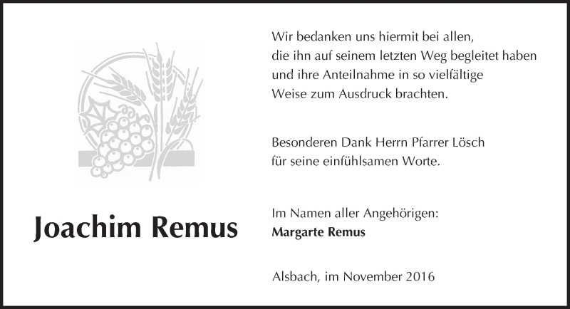  Traueranzeige für Joachim Remus vom 26.11.2016 aus Trauerportal Echo Online