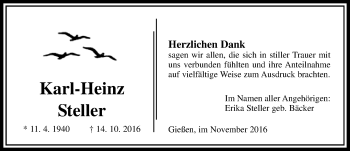 Traueranzeige von Karl-Heinz Steller von  Gießener Anzeiger