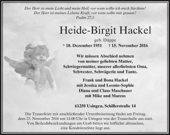 Traueranzeige von Heide-Birgit Hackel von  Usinger Anzeiger