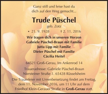 Traueranzeige von Trude Püschel von Trauerportal Echo Online