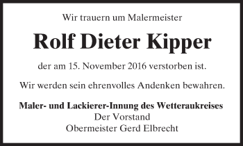 Traueranzeige von Rolf Dieter Kipper von  Kreisanzeiger