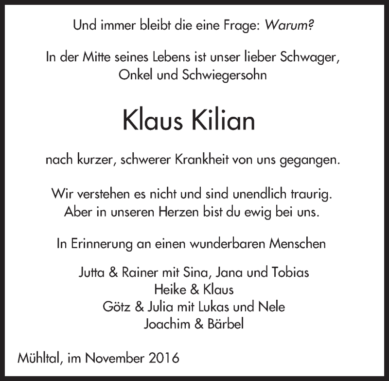  Traueranzeige für Klaus Kilian vom 26.11.2016 aus Trauerportal Echo Online