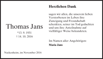 Traueranzeige von Thomas Jans von Trauerportal Rhein Main Presse