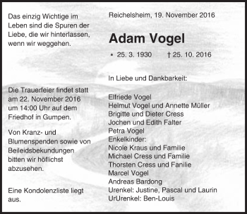 Traueranzeige von Adam Vogel von Trauerportal Echo Online