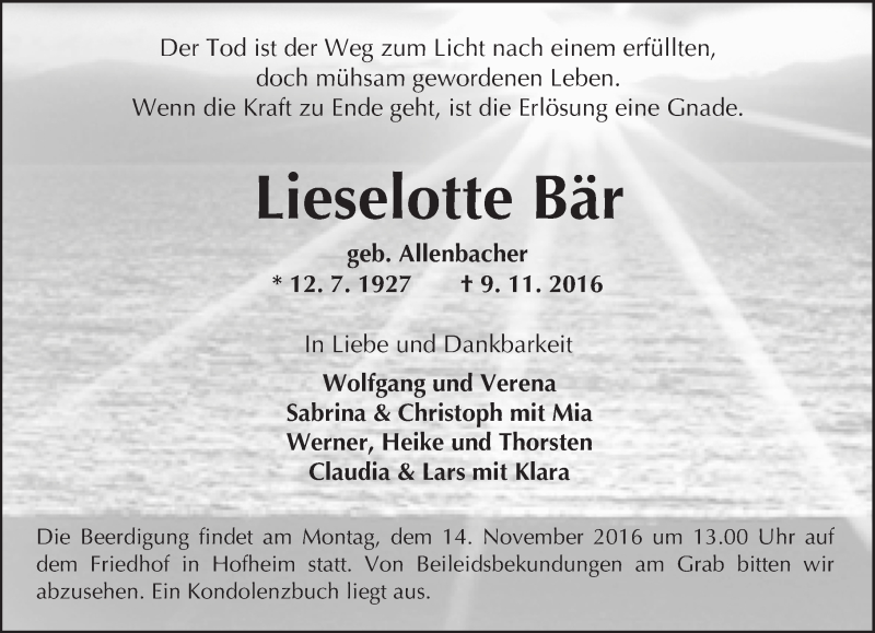  Traueranzeige für Lieselotte Bär vom 12.11.2016 aus Trauerportal Echo Online