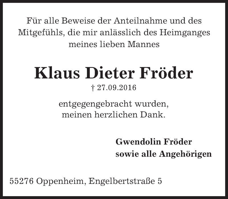  Traueranzeige für Klaus Dieter Fröder vom 12.11.2016 aus Trauerportal Rhein Main Presse