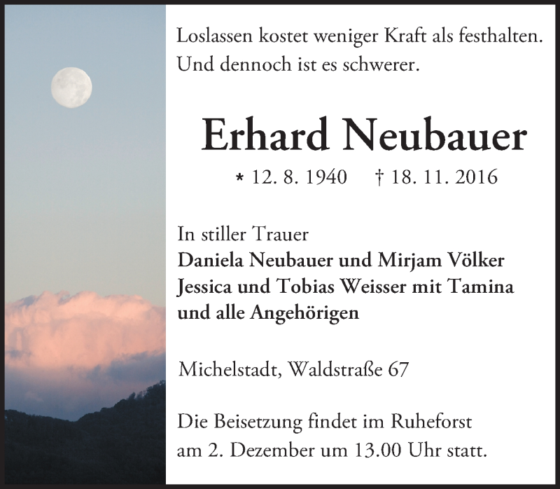  Traueranzeige für Erhard Neubauer vom 26.11.2016 aus Trauerportal Echo Online