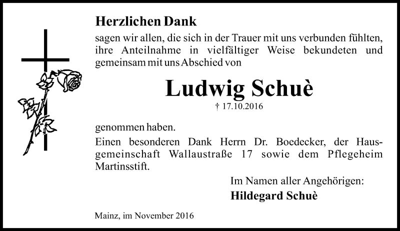  Traueranzeige für Ludwig Schuè vom 05.11.2016 aus Trauerportal Rhein Main Presse