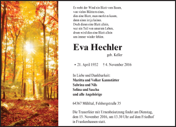 Traueranzeige von Eva Hechler von Trauerportal Echo Online