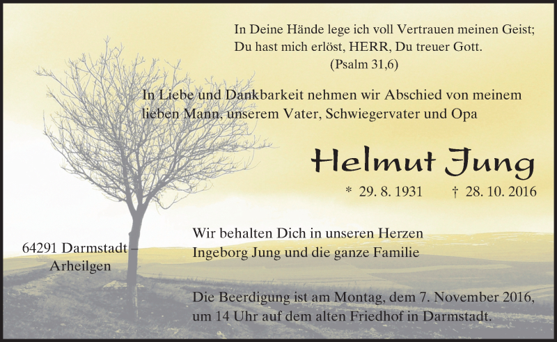  Traueranzeige für Helmut Jung vom 02.11.2016 aus Trauerportal Echo Online
