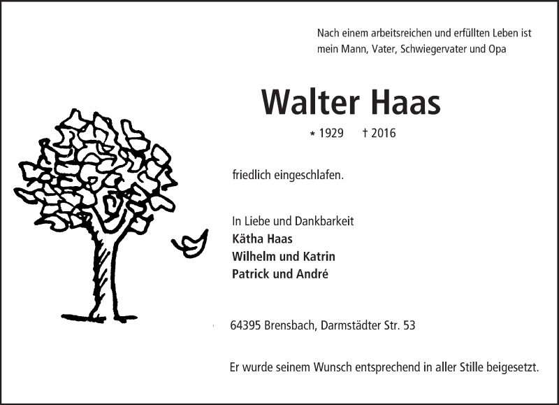  Traueranzeige für Walter Haas vom 26.11.2016 aus Trauerportal Echo Online