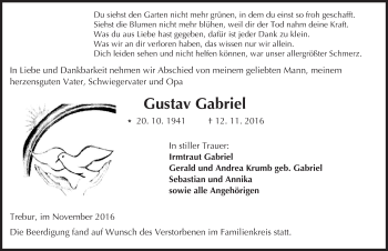 Traueranzeige von Gustav Gabriel von Trauerportal Echo Online