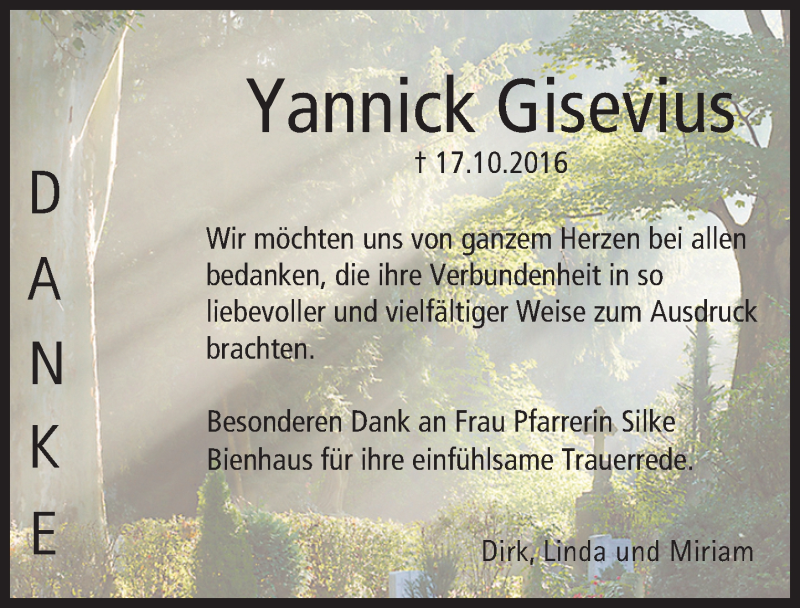  Traueranzeige für Yannick Gisevius vom 12.11.2016 aus Trauerportal Echo Online