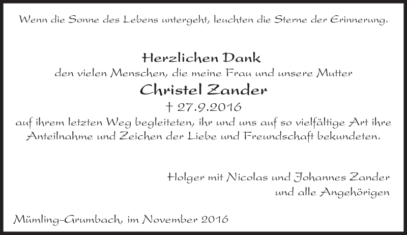  Traueranzeige für Christel Zander vom 05.11.2016 aus Trauerportal Rhein Main Presse