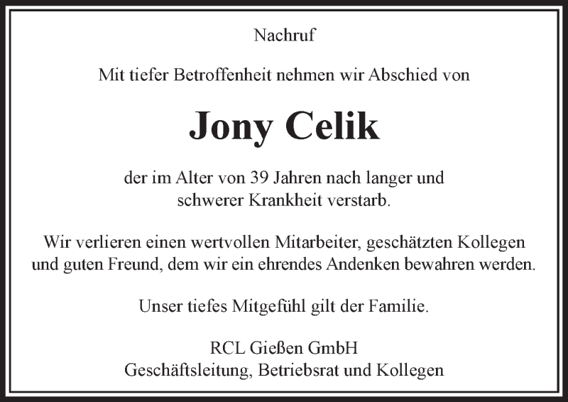  Traueranzeige für Jony Celik vom 11.11.2016 aus  Kreisanzeiger