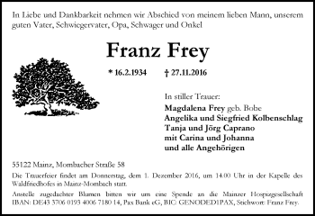 Traueranzeige von Franz Frey von Trauerportal Rhein Main Presse