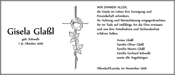 Traueranzeige von Gisela Glaßl von  Gießener Anzeiger