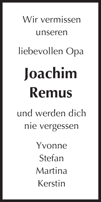 Traueranzeige von Joachim Remus von Trauerportal Echo Online