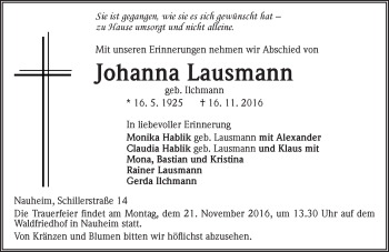 Traueranzeige von Johanna Lausmann von Trauerportal Echo Online