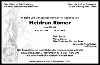 Traueranzeige von Heidrun Römer von  Gießener Anzeiger