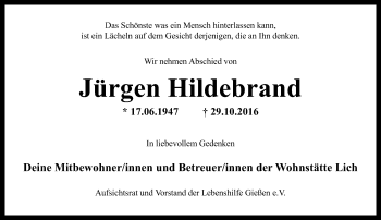 Traueranzeige von Jürgen Hildebrand von  Gießener Anzeiger