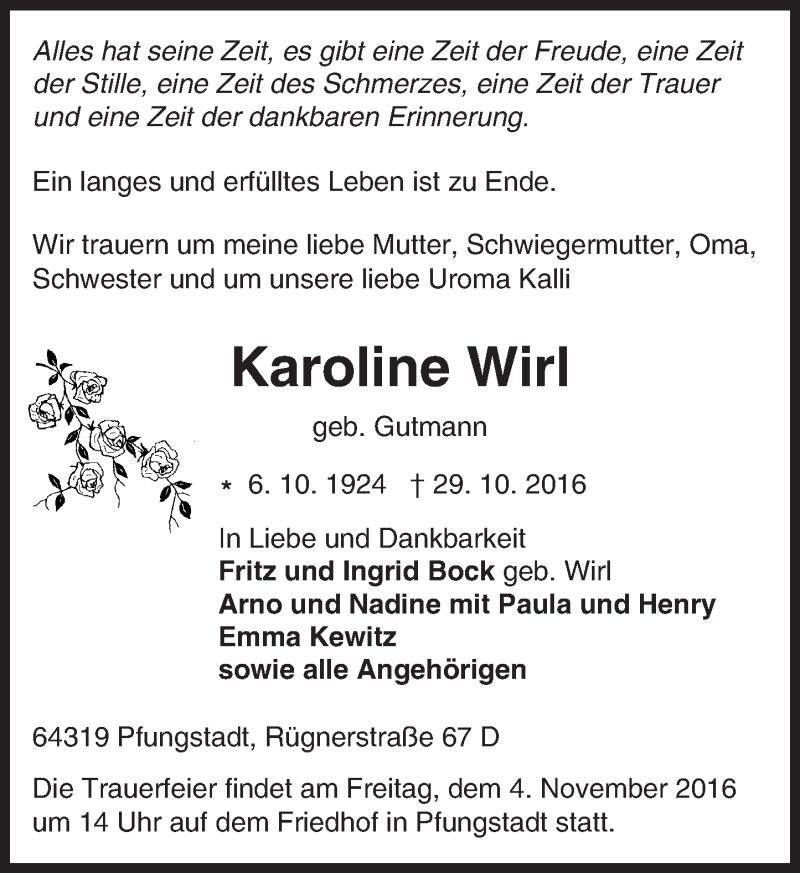  Traueranzeige für Karoline Wirl vom 02.11.2016 aus Trauerportal Echo Online