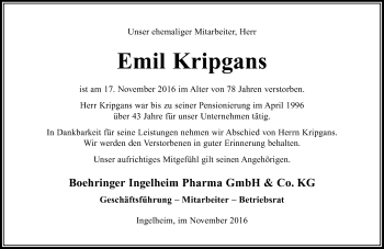 Traueranzeige von Emil Kripgans von Trauerportal Rhein Main Presse