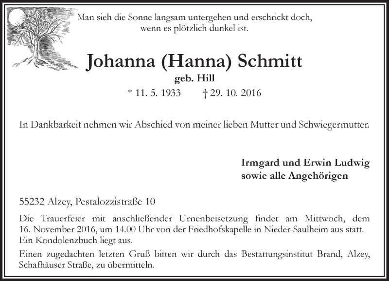  Traueranzeige für Johanna  Schmitt vom 05.11.2016 aus Trauerportal Rhein Main Presse