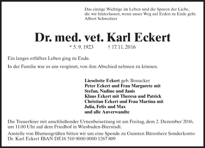  Traueranzeige für Karl Eckert vom 26.11.2016 aus Trauerportal Rhein Main Presse