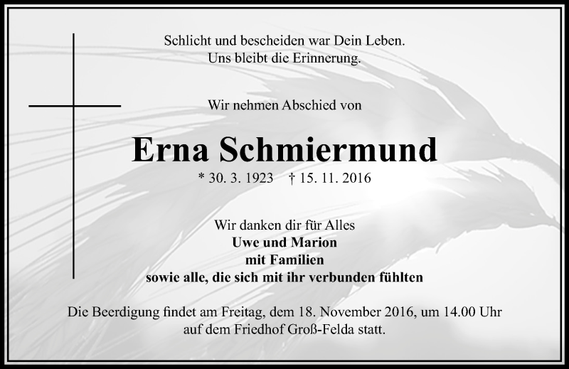  Traueranzeige für Erna Schmiermund vom 17.11.2016 aus VRM Trauer
