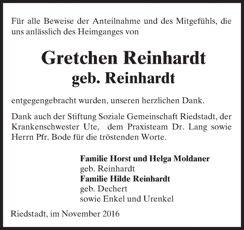  Traueranzeige für Gretchen Reinhardt vom 28.11.2016 aus Trauerportal Rhein Main Presse