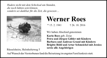 Traueranzeige von Werner Roes von Trauerportal Echo Online