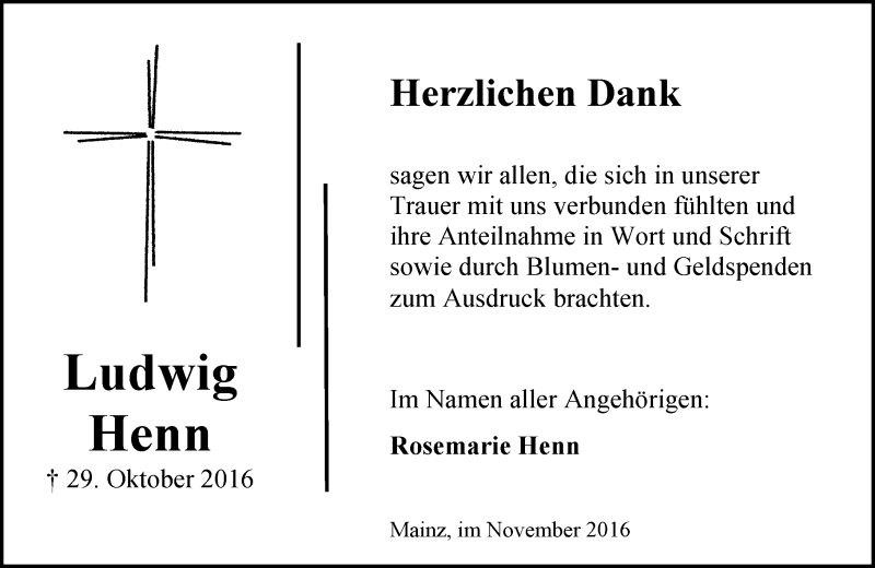  Traueranzeige für Ludwig Henn vom 19.11.2016 aus Trauerportal Rhein Main Presse