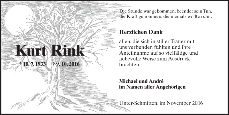  Traueranzeige für Kurt Rink vom 12.11.2016 aus  Kreisanzeiger