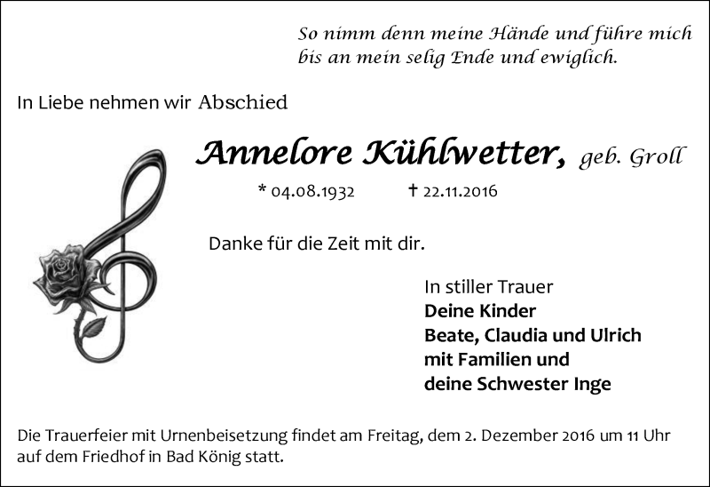  Traueranzeige für Annelore Kühlwetter vom 30.11.2016 aus Trauerportal Echo Online
