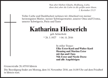 Traueranzeige von Katharina Hisserich von Trauerportal Rhein Main Presse