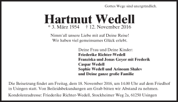 Traueranzeige von Hartmut Wedell von  Usinger Anzeiger