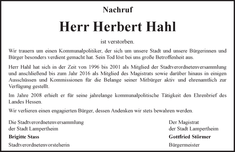  Traueranzeige für Herbert Hahl vom 16.11.2016 aus Trauerportal Echo Online