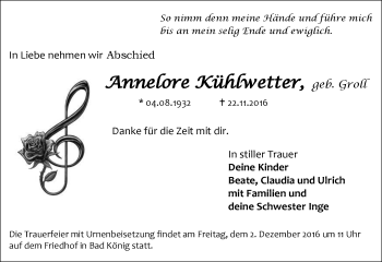 Traueranzeige von Annelore Kühlwetter von Trauerportal Echo Online