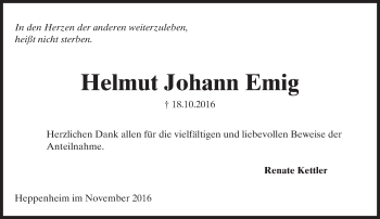 Traueranzeige von Helmut Johann Emig von Trauerportal Echo Online