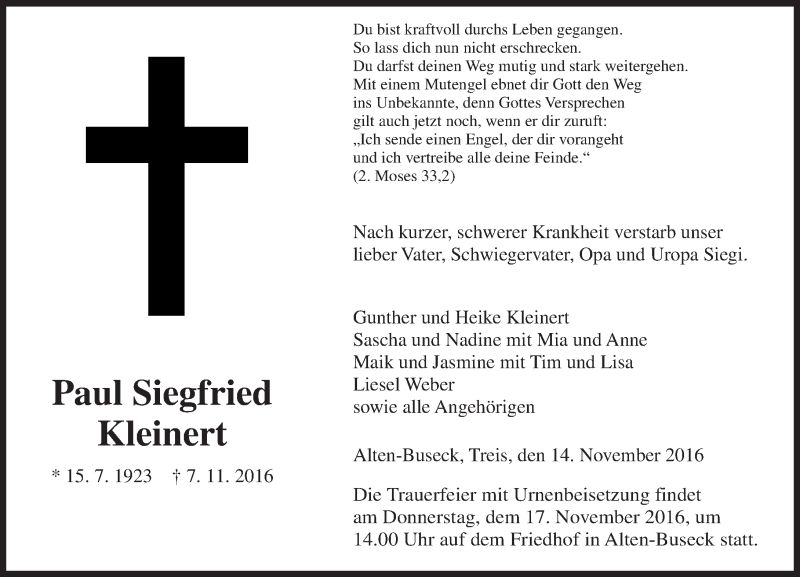  Traueranzeige für Paul Siegfried Kleinert vom 14.11.2016 aus  Gießener Anzeiger