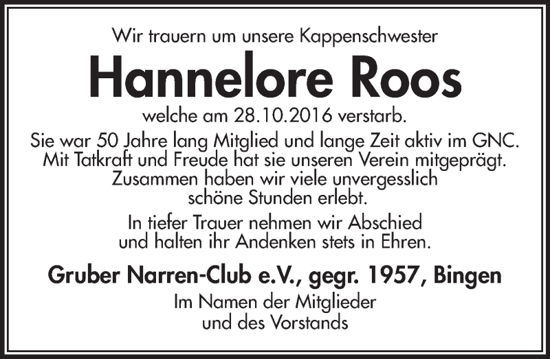 Traueranzeige für Hannelore Roos vom 05.11.2016 aus Trauerportal Rhein Main Presse