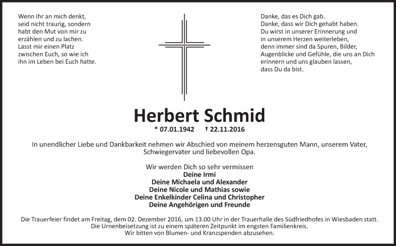  Traueranzeige für Herbert Schmid vom 26.11.2016 aus Trauerportal Rhein Main Presse