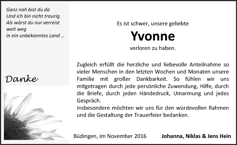  Traueranzeige für Yvonne  vom 05.11.2016 aus  Kreisanzeiger