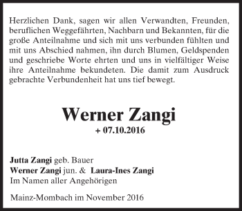 Traueranzeige von Werner Zangi von Trauerportal Rhein Main Presse